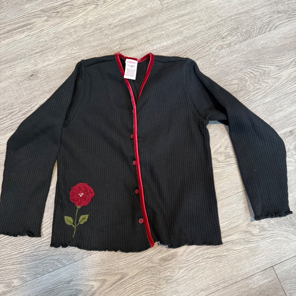 Gymboree Black Ribbed Button Up Cardigan Red Rose Victorian charm Kids XL 6